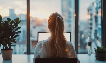 Poster - A woman sitting at a desk with a laptop and looking out the window.