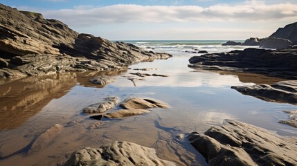 Wall Mural - rocks mud sea waves cloudy sky  vacation enjoy natural wonders.