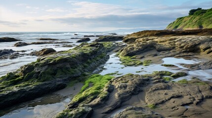 Wall Mural - rocks mud sea waves cloudy sky  vacation enjoy natural wonders.