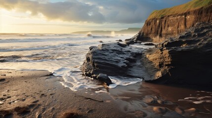 Wall Mural - rocks mud sea waves cloudy sky  vacation enjoy natural wonders.