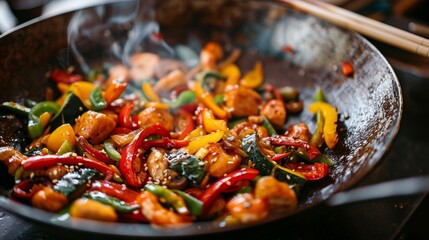 Wall Mural - A close-up of a colorful vegetable stir-fry in a wok with chopsticks on the side