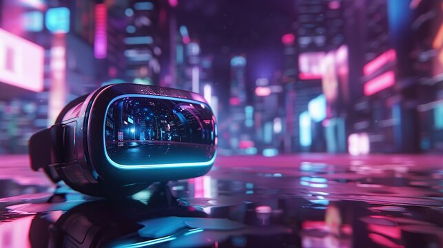 Virtual reality headset with a holographic display on a dark background with neon city lights and futuristic skyscrapers.