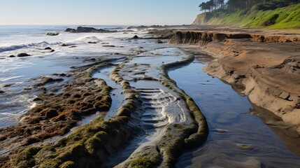 Wall Mural - rocks mud sea waves cloudy sky  vacation enjoy natural wonders.