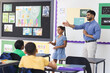 © Wavebreak Media - Young Asian male teacher teaching, biracial girl presenting in a school classroom