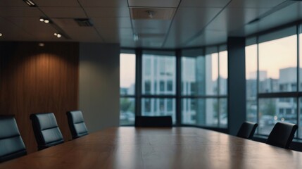 Blurred background of a light modern office interior meeting room chairs with panoramic glass windows and beautiful lighting