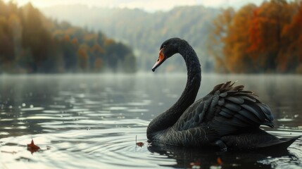 Black swan sweaming at the beautiful lake . AI GENERATION