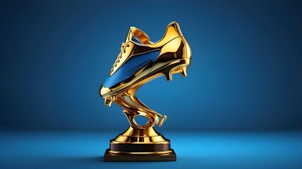 Wall Mural - Golden boot trophy award on blue background, football concept.
