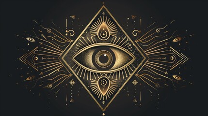 Wall Mural - Abstract symbol of All-seeing Eye in Boho Eastern Ethnic style gold on black for decoration T-shirt or for computer game. Concept magic occultism Esoteric 3d . AI GENERATION