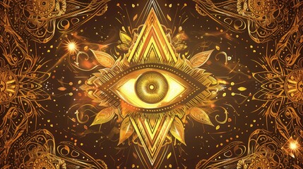 Wall Mural - Abstract symbol of All-seeing Eye in Boho Eastern Ethnic style gold on black for decoration T-shirt or for computer game. Concept magic occultism Esoteric 3d . AI GENERATION