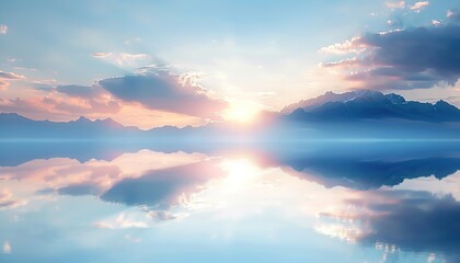Wall Mural - Beautiful clouds reflected in the water at dawn, light blue mountains, natural background, scenic landscape, serene nature scenery.