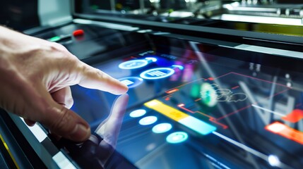 Poster - The bright, colorful interface of a touch screen used to control industrial machinery, with a hand pressing a button. 