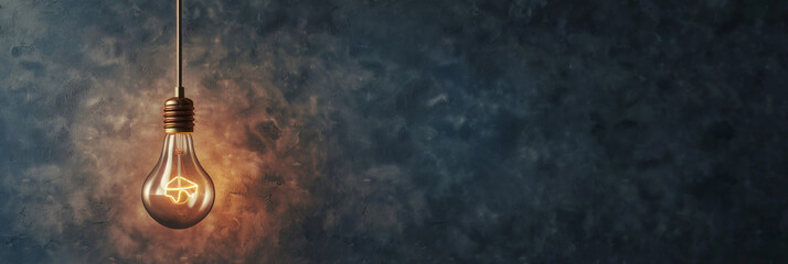 Poster - Single light bulb with a dark, textured backdrop - This moody image features a lit light bulb against a dark textured wall, conveying concepts of ideas and solitude