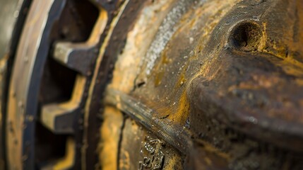 Sticker - Close-up of a weathered, oily piston from an old steam engine, showing fine details and craftsmanship. 