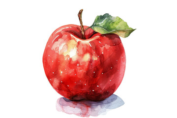 Watercolor painting of a red apple with a green leaf on top. Isolated on transparent background.