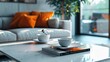 © lemoncraft - Contemporary Coffee Table with Warm Decor in Modern Living Room. a contemporary coffee table set in a modern living room with warm decor, this image is perfect for interior design and home decor.