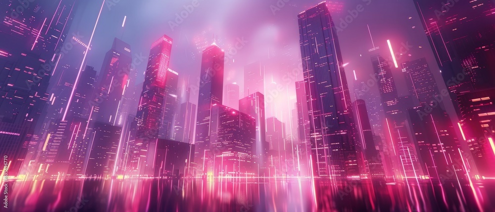 Futuristic cityscape with neon lights and tall buildings, a stunning ...
