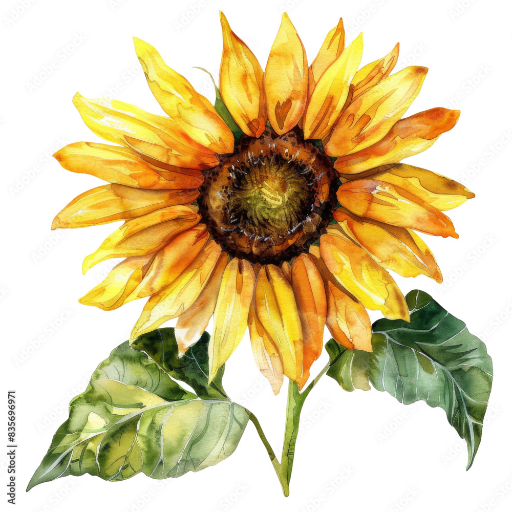 Watercolor painting of a yellow sunflower with a green leaf. Isolated ...
