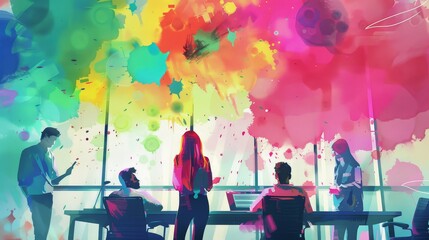 Poster - Colorful abstract art of office brainstorming session - An abstract depiction of a business brainstorming session, rendered in bright, splashy colors, emphasizing creativity and innovation in a corpor