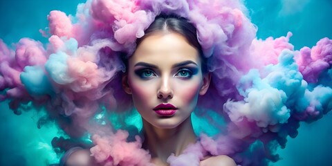 Wall Mural - Young Model with Purple Pink Smoke Against Blue Background - AI Fashion Imagery