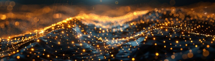 Illuminated Connections: Abstract Digital Visualization of Intricate Golden Nodes Network on Dark Background