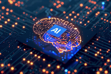 Poster - A brain with the letters AI on it. The brain is surrounded by a blue and red background
