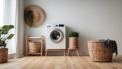 Wall Mural - Interior home of laundry room with modern washing machine and rattan clothes basket on white wall, hardwood floor