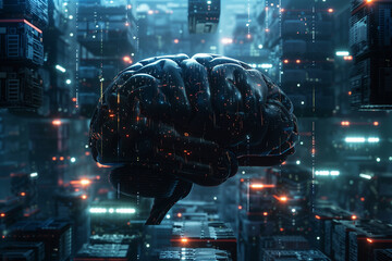 Poster - A brain is shown in a cityscape with bright lights and glowing colors. The brain is surrounded by a network of wires and circuits, giving the impression of a futuristic, technological environment