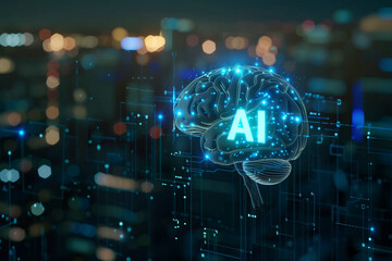 Poster - A brain with the letters AI on it. The brain is surrounded by a blue and red background
