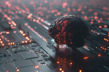 Poster - A brain is shown on a black background with a lot of lights. The brain is surrounded by a lot of circuits and wires, giving the impression of a futuristic, technological environment