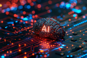 Poster - A brain is lit up with the letters AI on it. Concept of artificial intelligence and the potential of technology to mimic human thought processes. Scene is futuristic and somewhat ominous
