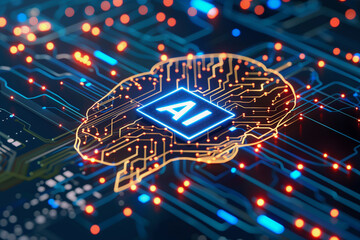 Poster - A brain is lit up with the letters AI on it. Concept of artificial intelligence and the potential of technology to mimic human thought processes. Scene is futuristic and somewhat ominous