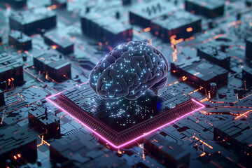 Poster - A brain is shown on a black background with a lot of lights. The brain is surrounded by a lot of circuits and wires, giving the impression of a futuristic, technological environment