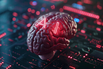 Poster - A brain is lit up with the letters AI on it. Concept of artificial intelligence and the potential of technology to mimic human thought processes. Scene is futuristic and somewhat ominous