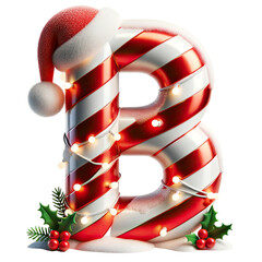 Wall Mural - Christmas candy cane letter B clipart decor with Santa hat holly berries pinecones festive lights isolated