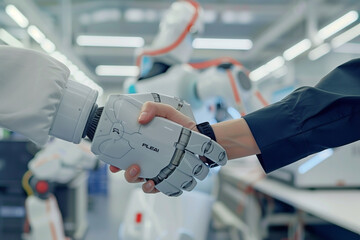 Poster - A robot hand shakes a human hand.