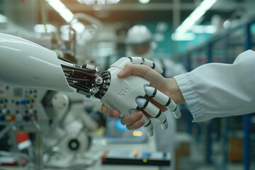 Poster - A robot hand shakes a human hand.