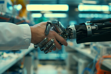 Poster - A robot hand shakes a human hand.