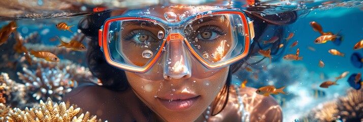 Poster - A woman wearing goggles and a mask swims in the ocean