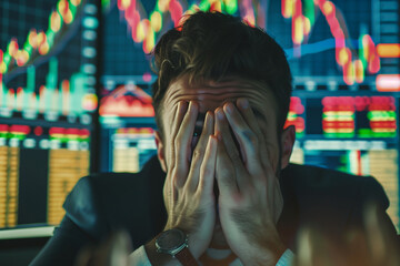 Wall Mural - A man in a suit is sitting at a desk with a laptop. He is looking at a screen with a lot of numbers and graphs. He is stressed and overwhelmed by the information on the screen