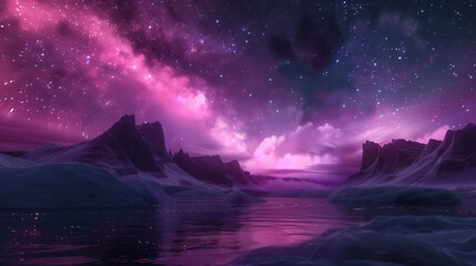 Enchanting Pink Purple Night Sky with Aurora and Milky Way, Glowing Colors and Lighting Effects, Epic Fantasy Landscape.