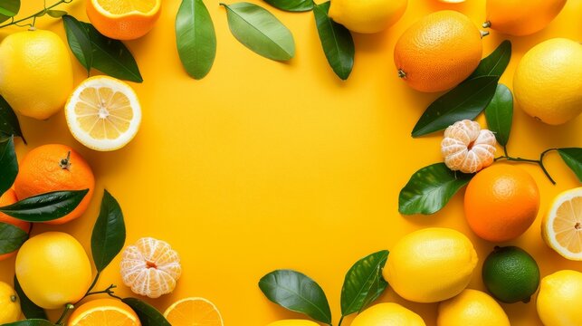 Oranges, lemons, and green leaves, fresh and ripe, set against a blank yellow background with copyspace for text