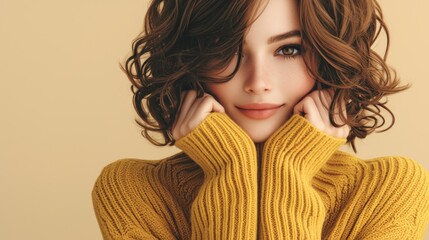 Wall Mural - Portrait full body of smiling attractive young woman wearing stylish warm winter sweater looking at camera standing isolated on beige background. Concept of natural beauty