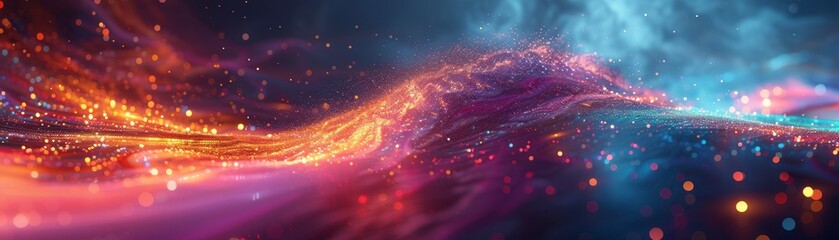 A mesmerizing, futuristic scene featuring a vibrant gradient glow, with an explosion effect creating a burst of vibrant colors and a blur of motion, all set against a 3D shiny liquid backdrop.