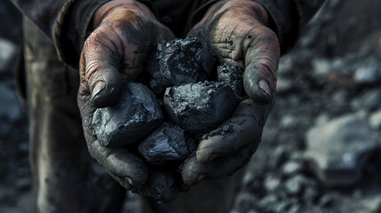 Poster - Macro view of a weathered miner's hands holding coal, natural light. 