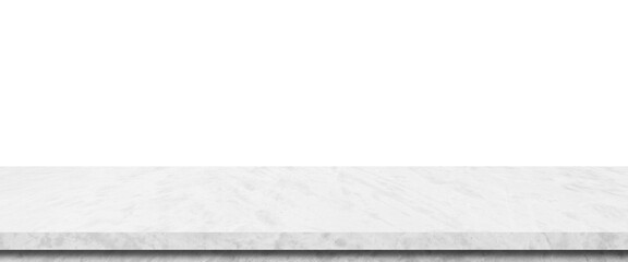 Empty white marble stone table isolated on white background, banner, table top, shelf, counter design for food, product display montage backdrop, template