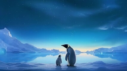 Wall Mural - 夜空とペンギン親子の動画