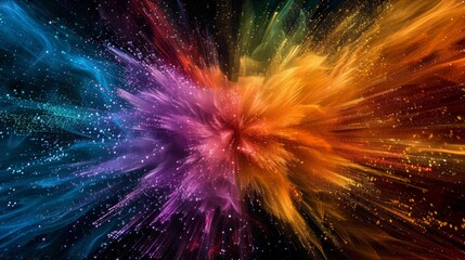 Wall Mural - Energetic burst of colorful fibers on a black background