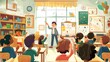 © LazysAI - illustration of a cheerful elementary school classroom where a teacher is teaching a group of young students. The teacher stands at the front, writing on a blackboard or whiteboard with colorful