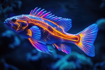 A fish swimming against a dark blue backdrop, illuminated by neon lights on its back and side