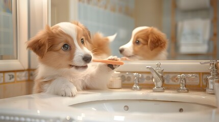 Wall Mural - Dog teeth cleaning concept. Cute puppy brushing teeth with toothbrush at home, bathroom interior background. Regular hygienic cleaning of teeth, lovely pet health care, animal portrait digital artwork